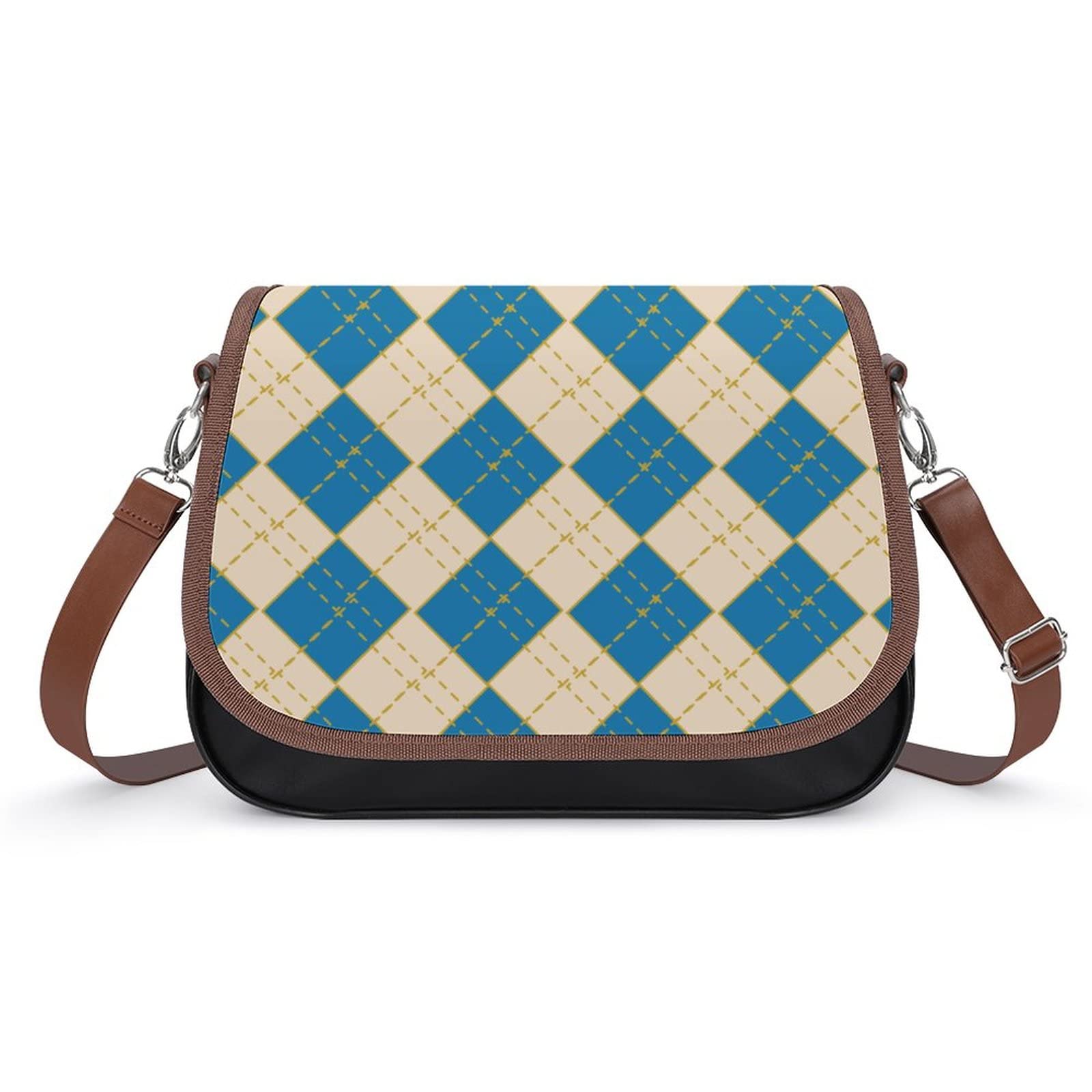 Women's Leather Crossbody Bag - Designer Shoulder Messenger Purse with Printed Flap in Blue White Plaid | Perfect for Work, Travel & Everyday Use