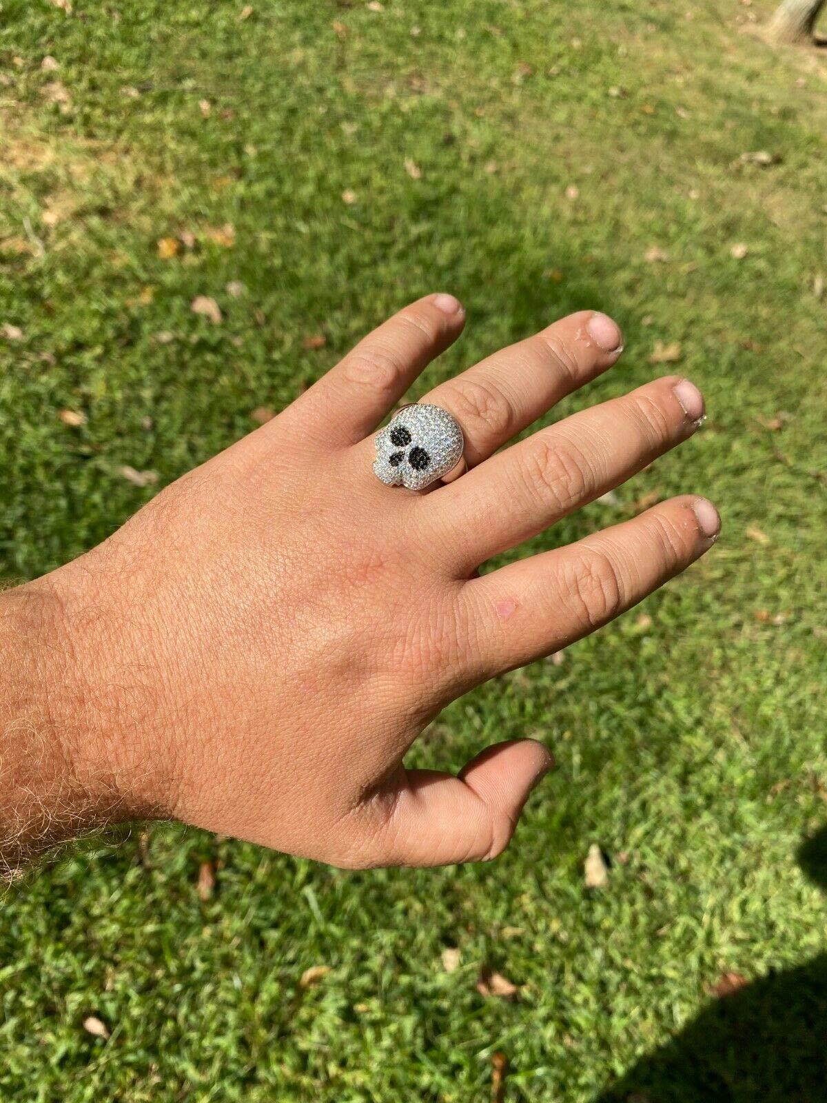 925 Sterling Silver Men's Iced Skull Emoji Ring with Black Diamond Eyes - Gothic Santa Muerte Pinky Ring for Men - Hip Hop Jewelry Gift for Boyfriend - Perfect for Parties, Concerts and Streetwear Fashion