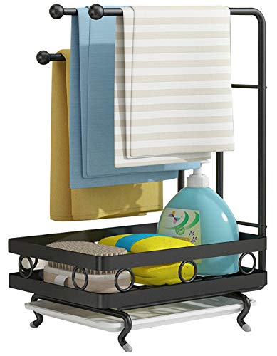 KLGO Stainless Steel Sink Caddy Organizer - Large Black SUS304 Rustproof Sponge & Scrubber Holder with Drain Pan for Kitchen Countertop | Perfect for Dish Rags, Soap & Conditioner Storage | Ideal for Small Spaces & Apartment Living