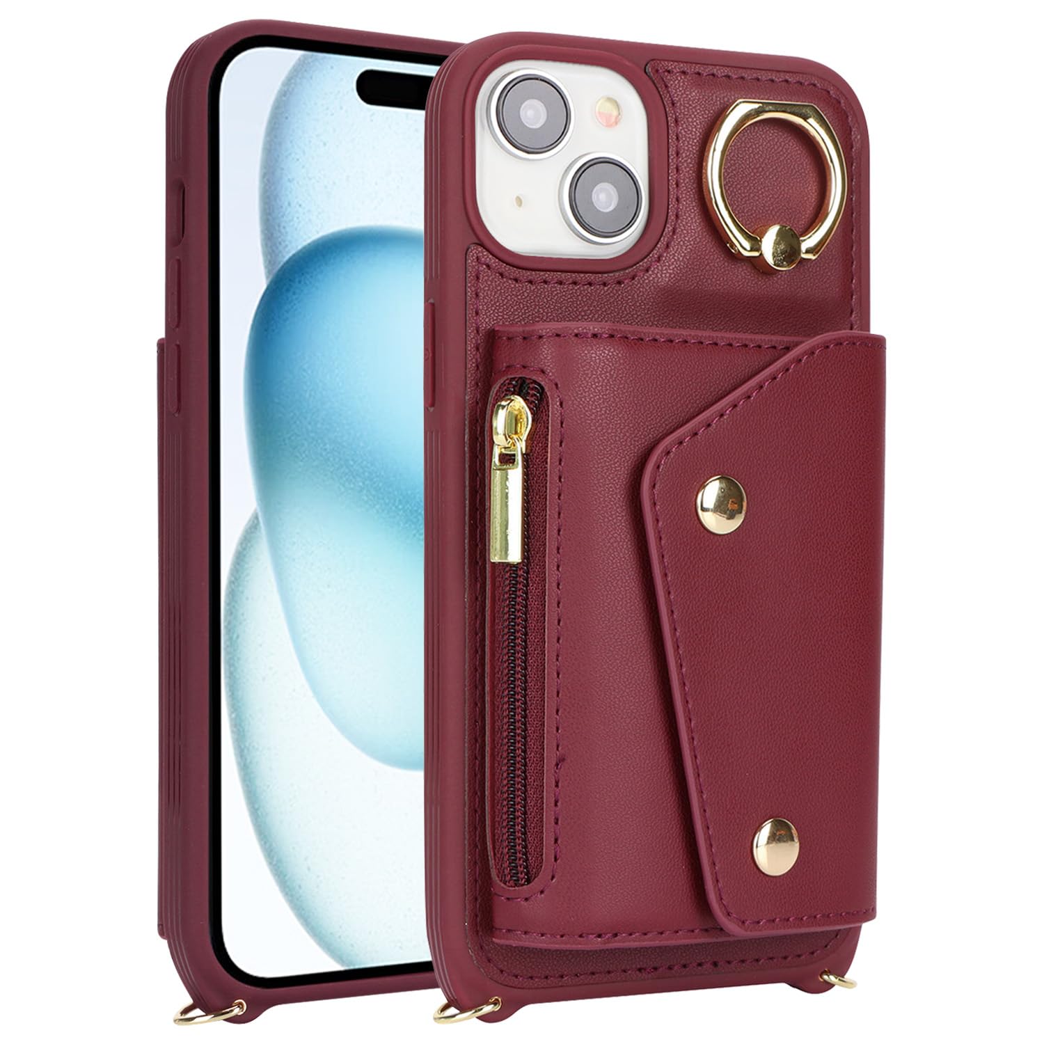 iPhone 15 Wallet Case with Card Holder & Crossbody Strap - 6.1