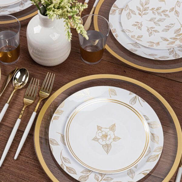 10-Pack White & Gold Round Plastic Plates - Elegant Botanic Design for Parties, Picnics, and Home Decor