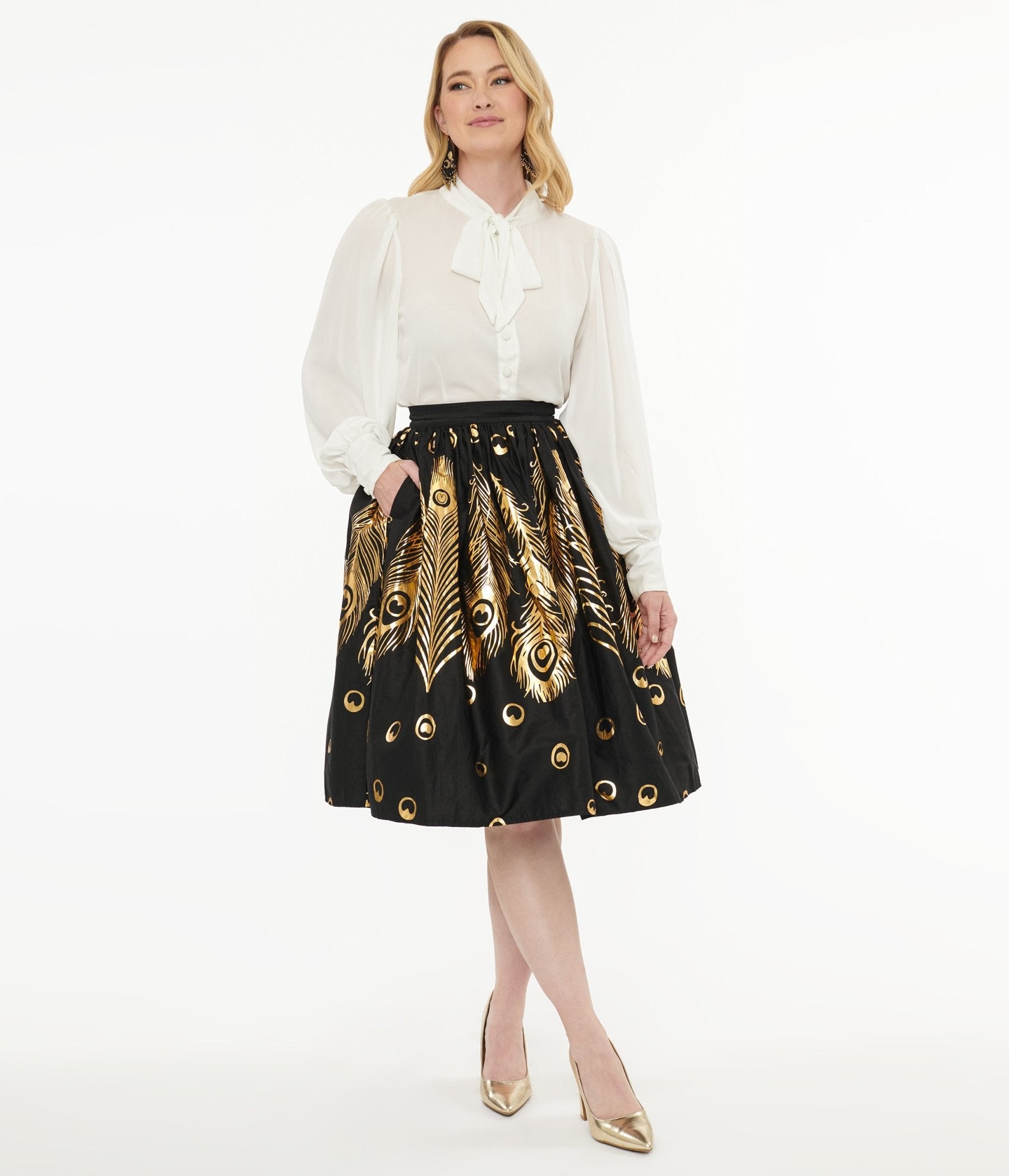 Vintage 1950s Black & Gold Foil Feather Swing Skirt - Retro Pinup Style Rockabilly Dance Skirt for Parties, Halloween & Vintage Fashion Lovers