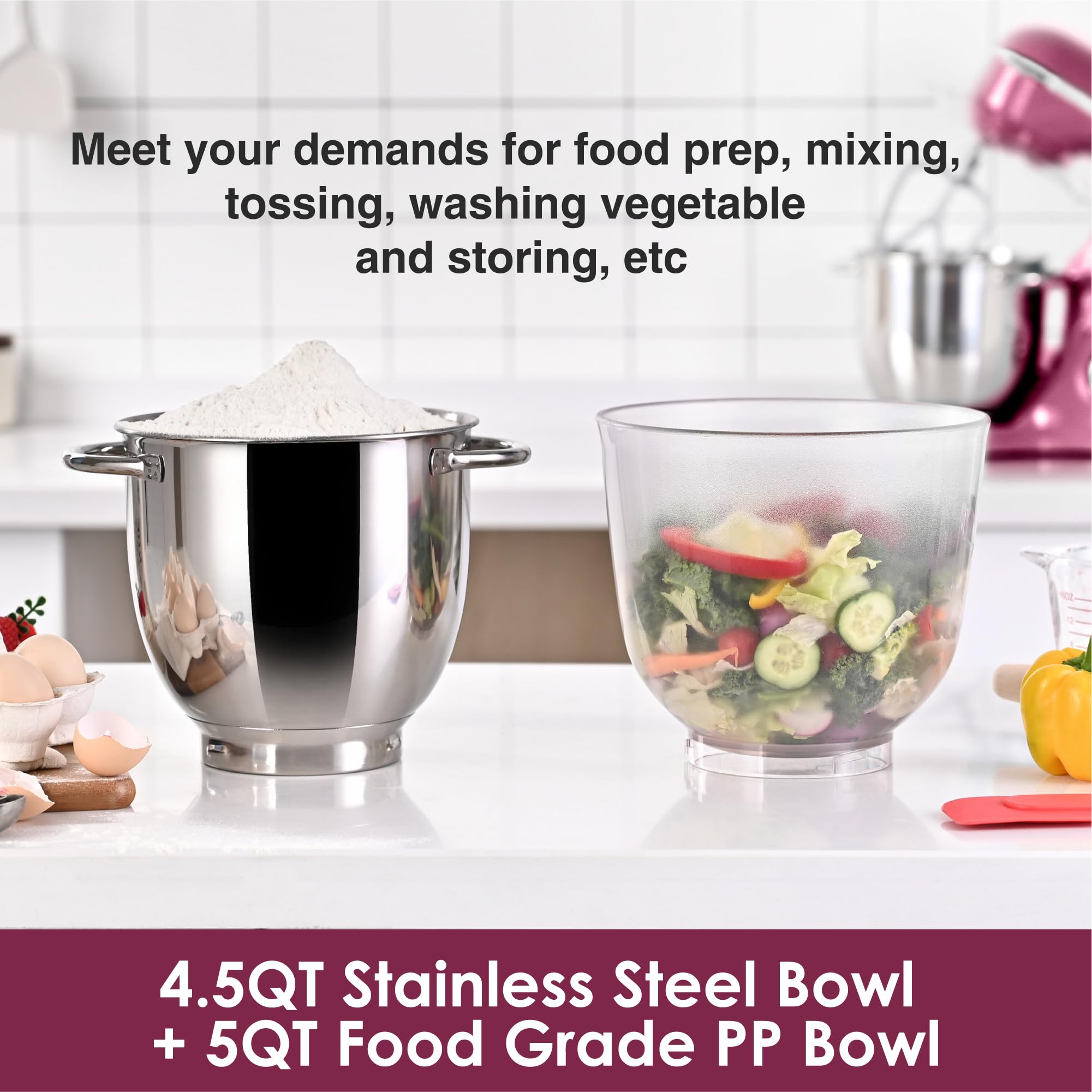 4.5QT Stand Mixer with 5QT Bowl - 10 Speed Electric Food Mixer for Baking & Cooking (Purplish Red)