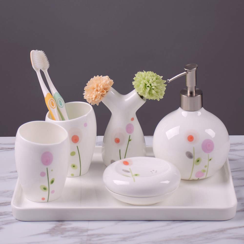 Vintage Ceramic Bathroom Accessories Set - 6 Piece Vanity Decor with Soap Dispenser, Toothbrush Holder, Soap Dish, 2 Tumblers & Tray - Colorful Circle White Applique Design for Modern Bathroom Organization & Home Decor