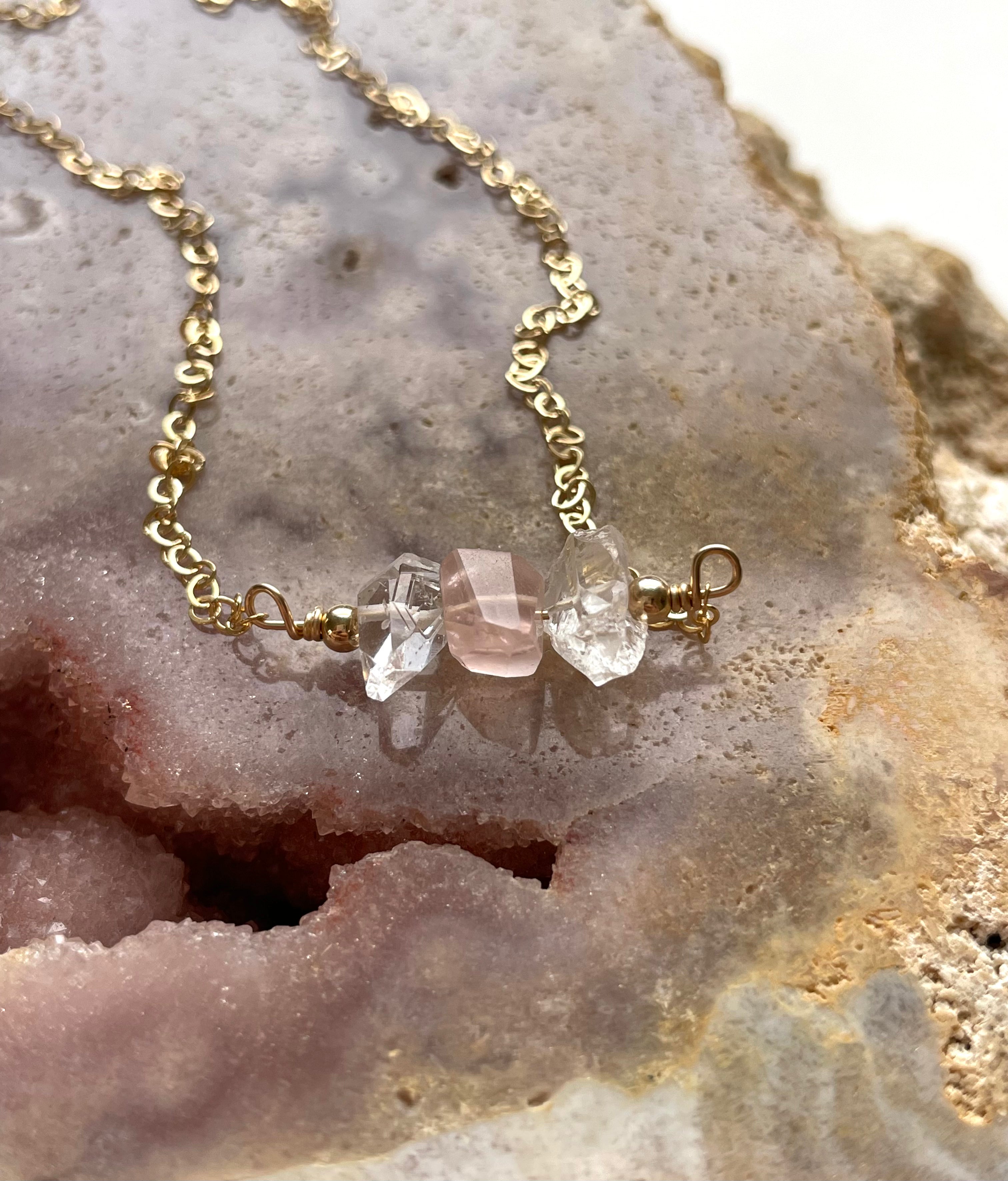 Elegant Feminine Crystal Necklace - Herkimer Diamond, Rose Quartz & Clear Quartz Pendant for Women | Perfect for Weddings, Date Nights & Spiritual Healing