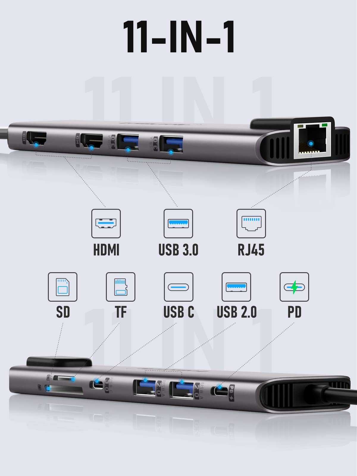 Lemorele 11-in-1 USB C Docking Station for Laptop - Dual Monitor 4K HDMI, 100W PD Charging, Ethernet, SD/TF Card Reader, 4 USB Ports (3.0 & 2.0), USB-C Data Port - Compatible with MacBook Pro/Air (Thunderbolt 3) - Perfect for Home Office, Gaming & Multi-Tasking Workspace Setup