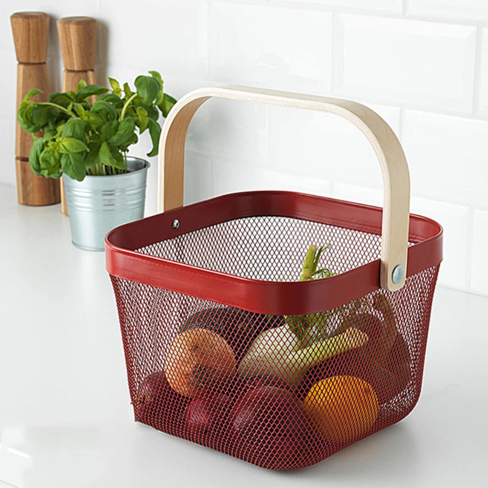 Stainless Steel Mesh Storage Basket with Bamboo Handle - Multi-Purpose Organizer for Kitchen, Bathroom, Picnic & Home Decor - Perfect for Fruits, Vegetables, Groceries & Household Items (Red)