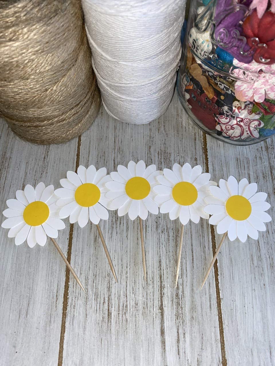 24-Pack Daisy Flower Cupcake Toppers for Wedding, Birthday Party, Baby Shower - Food Picks & Party Decorations - Perfect for Cake Decorating, Dessert Displays, and Special Event Celebrations