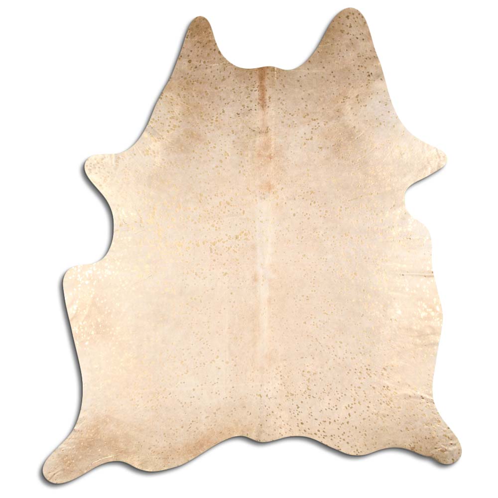 Luxury Cowhide Rug with Gold Metallic Hair on Beige - Perfect for Living Room, Bedroom, or Office Decor