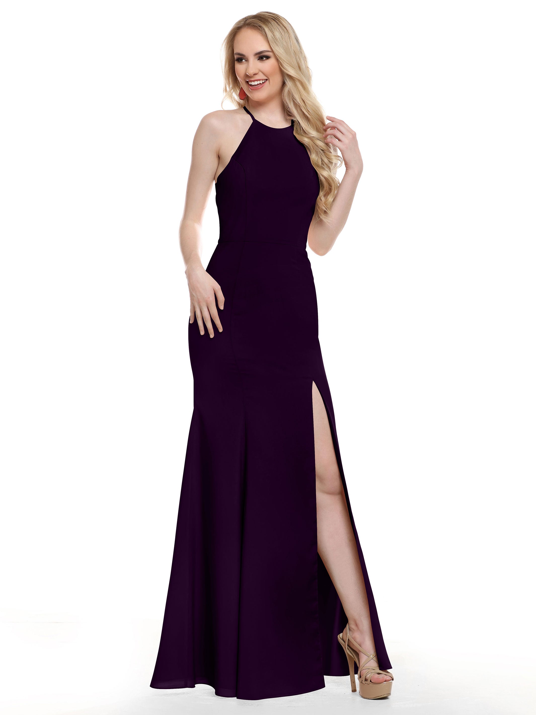 Elegant 83031 Fit and Flare Stretch Chiffon Bridesmaid Dress with Halter Neck & Thigh Slit - Perfect for Weddings, Prom, and Formal Events