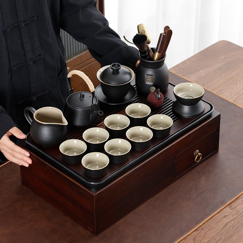 Premium Japanese Black Pottery Tea Set with Storage Box & Tray - Authentic Matcha Ceremony Set for Home, Office & Gift Giving