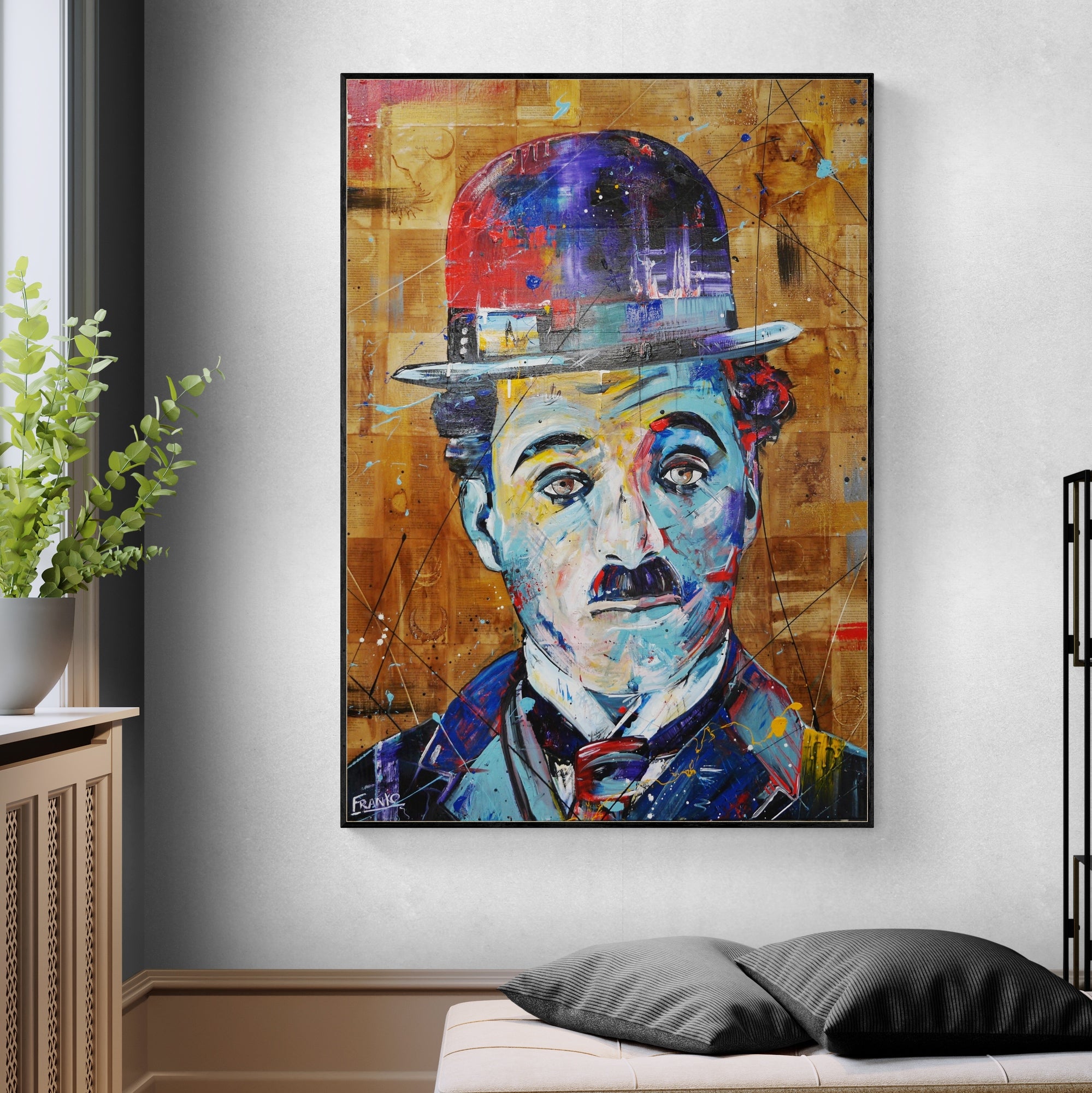 Blue Charlie 140cm x 100cm Charlie Chaplin Abstract Realism Canvas Art Print - Perfect for Living Room Decor, Home Theater & Book Club Wall Art