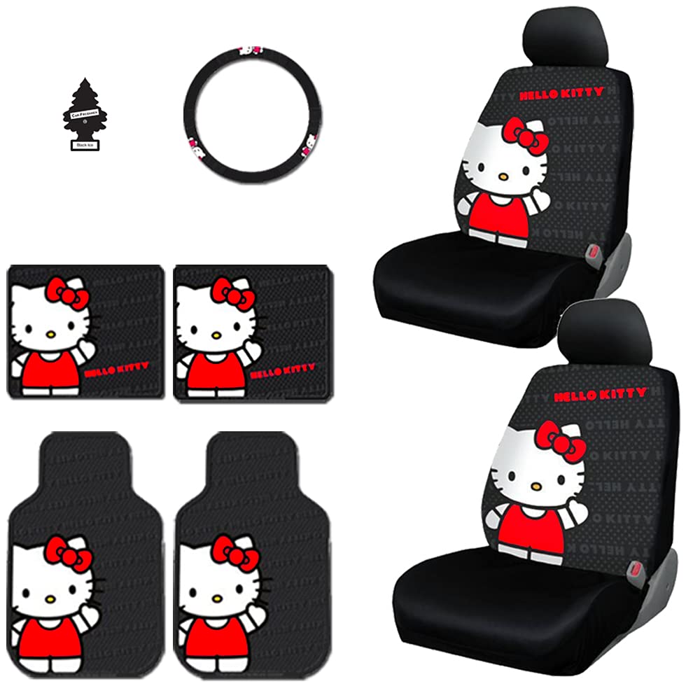 8-Piece Hello Kitty Car Seat Cover Set with 4 Rubber Mats, Steering Wheel Cover & Air Freshener - Cute Kawaii Car Accessories for Girls, Women & Teens - Perfect for Sedans, SUVs & Trucks