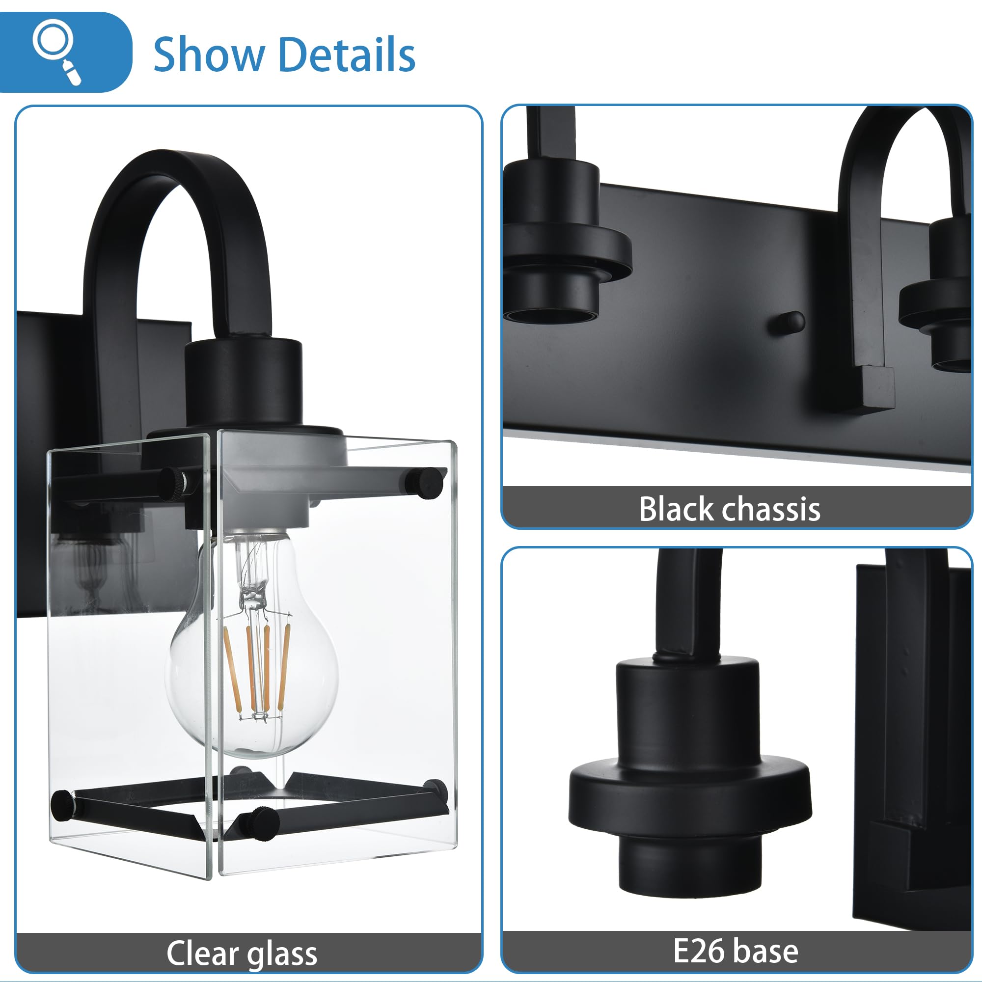 Modern Black Bathroom Light Fixtures - 3-Light Industrial Wall Sconces for Vanity Mirror, Farmhouse Style Bath Lighting for Above Mirror - Perfect for Bathroom, Powder Room & Dressing Room Makeup Lighting