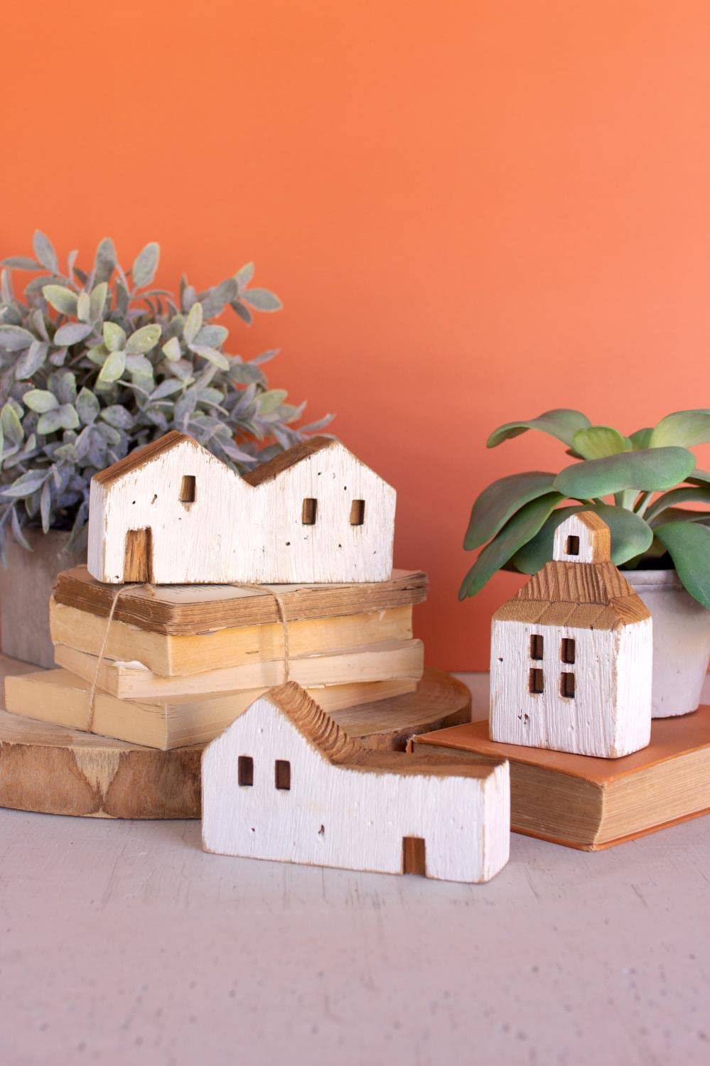 Kalalou CYUY1007 White Wooden Miniature House Set - 7-Inch Length, Pack of 3 - Perfect for Christmas Village Displays, Home Decor & DIY Craft Projects