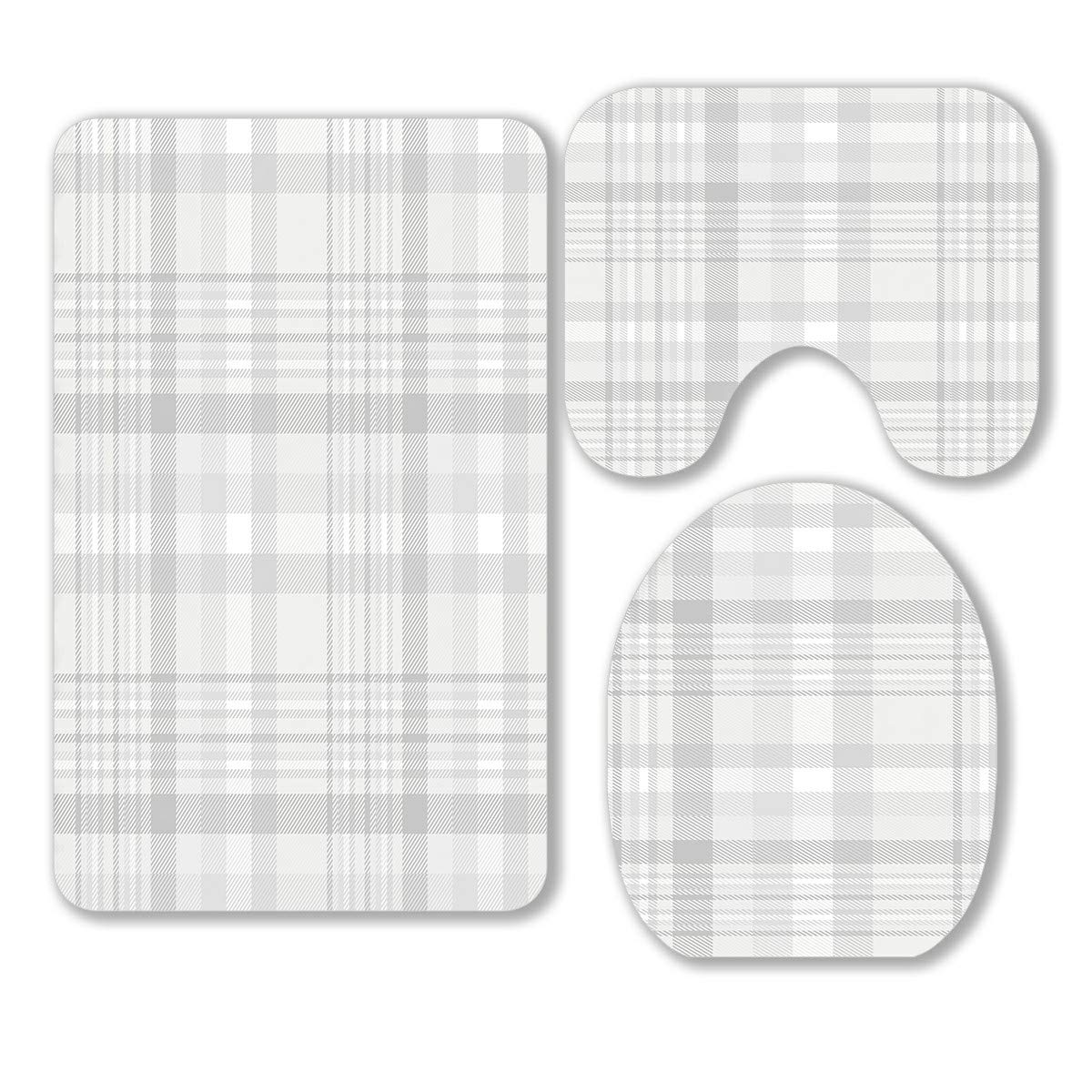 ABPHQTO 3-Piece Plaid Check Bathroom Rug Set - Pale Grey Contour Mat & Toilet Lid Cover | Soft Absorbent Bath Mats for Modern Home Decor