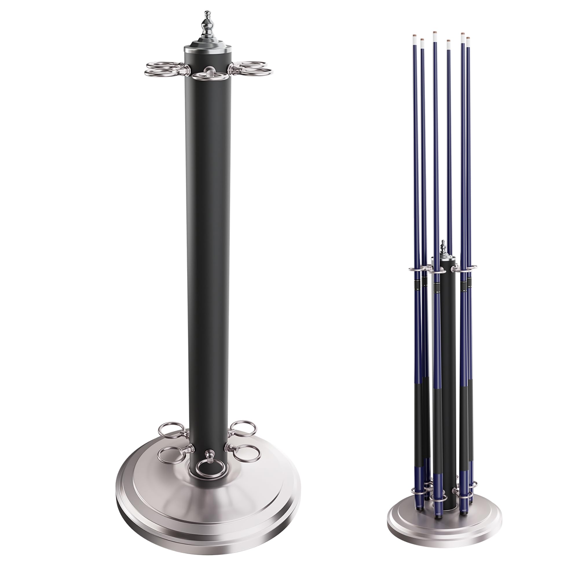 GSE Games & Sports Expert 6-Slot Metal Billiard Pool Cue Rack - Heavy Duty Stand-Style Cue Holder for Billiards Accessories (Black/Chrome/Walnut) - Perfect for Home Game Rooms, Bars, and Pool Halls
