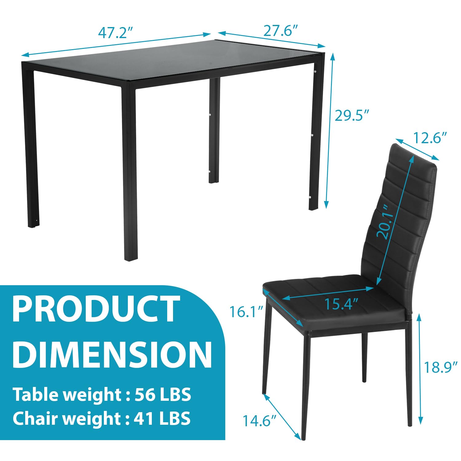 5-Piece Modern Black Glass Dining Table Set with 4 Chairs, Perfect for Family Dinners, Parties, and Everyday Kitchen Use
