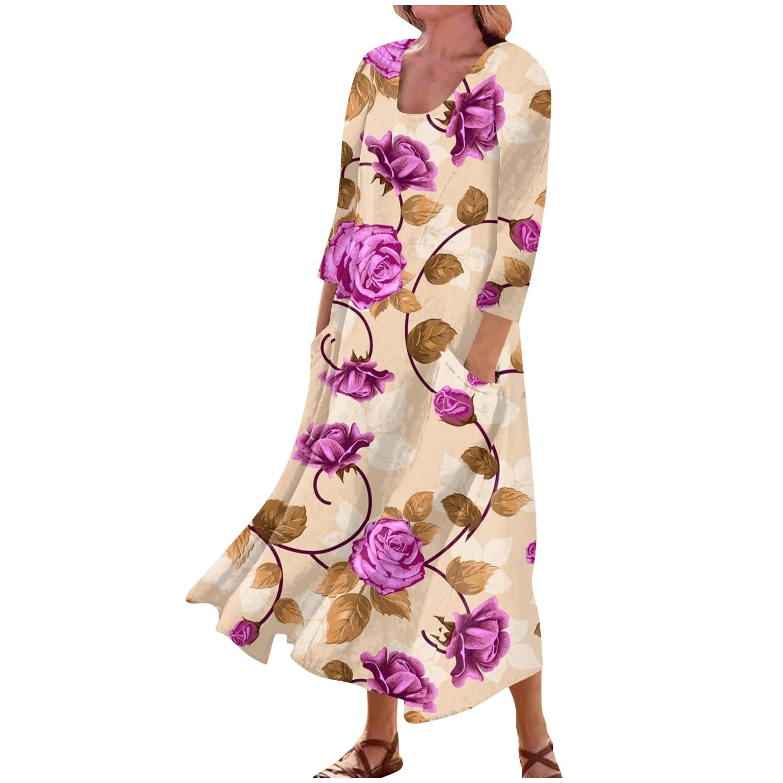2023 Women's Floral Print Maxi Dress - Three Quarter Sleeves Cotton Summer Dress with Pockets | Elegant Casual Wear for Beach, Party & Everyday Outfits