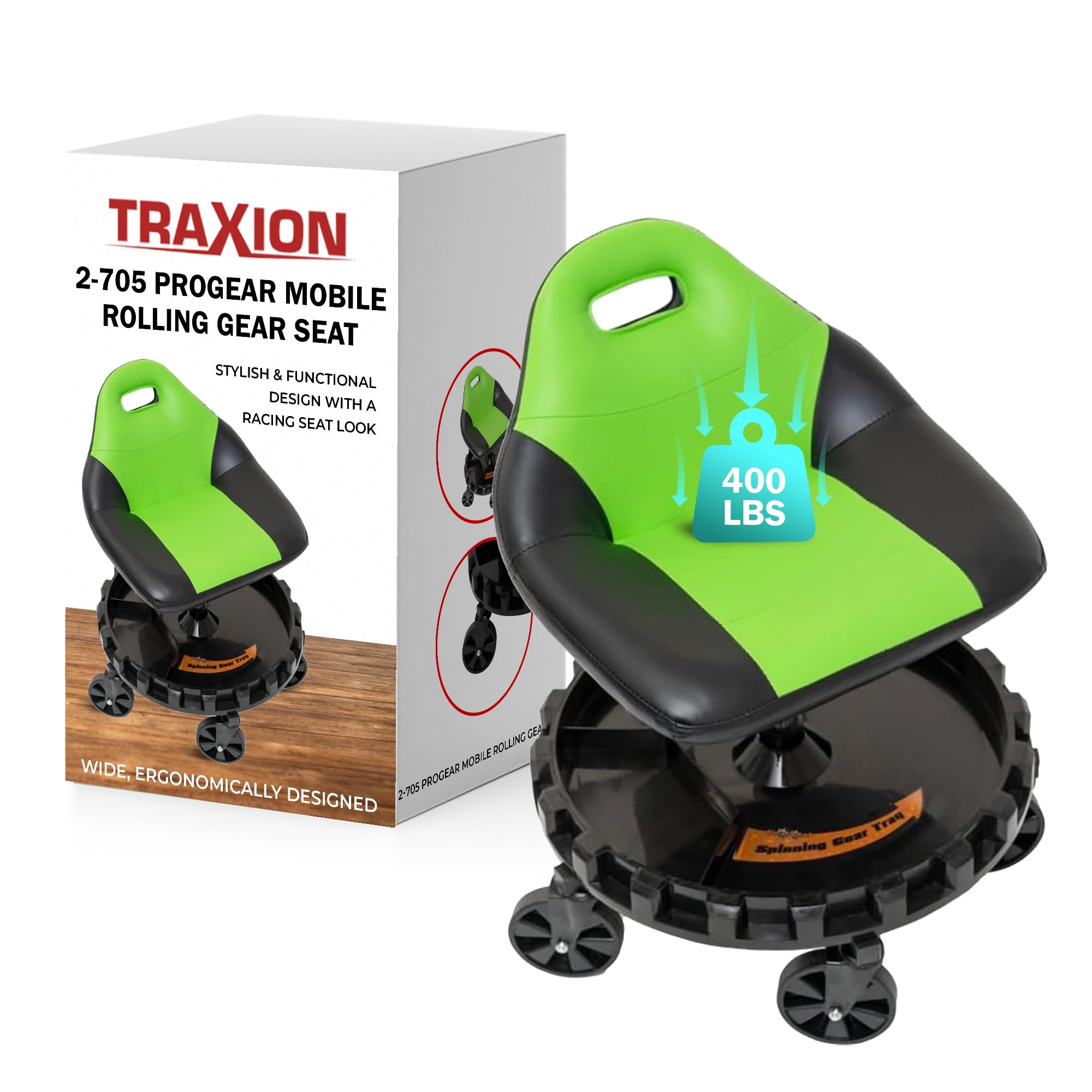 Traxion Progear 400lb Capacity Mobile Rolling Gear Seat - Heavy Duty Mechanic Stool with Wheels for Automotive, Garage, and Workshop Use