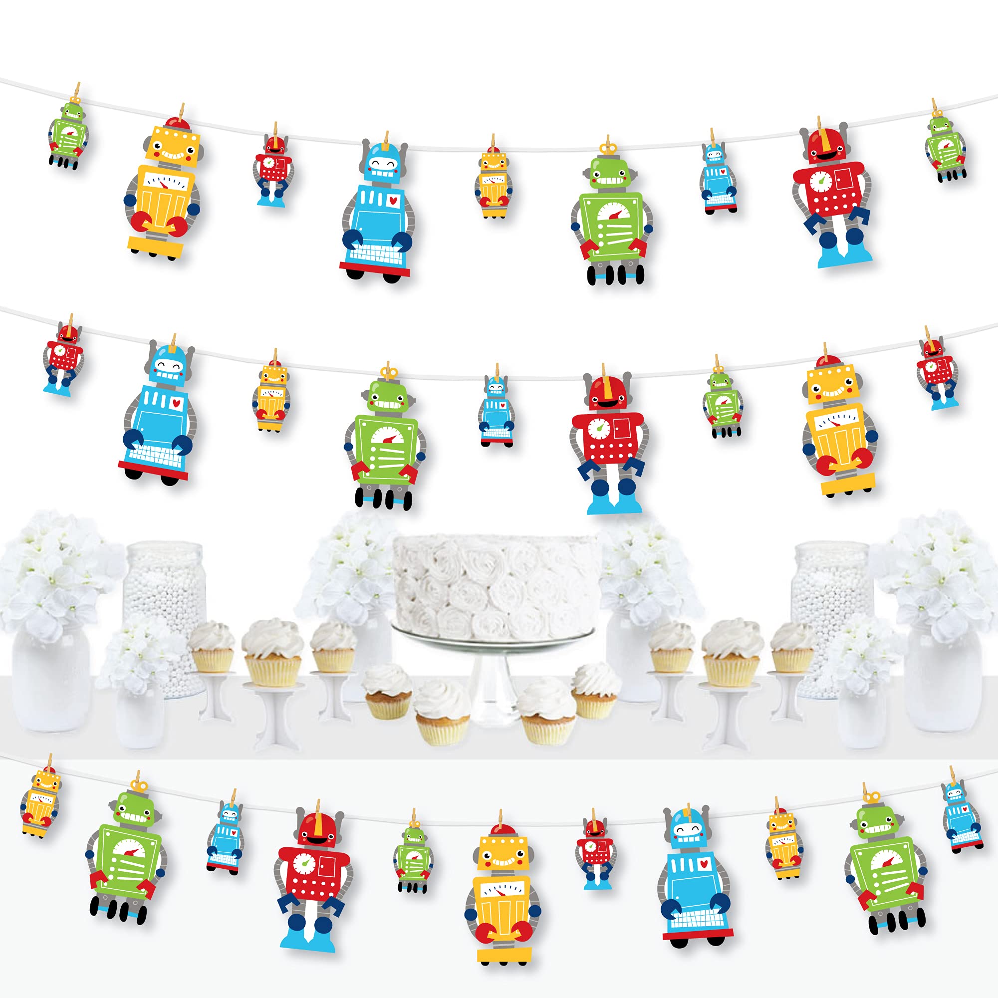 Big Dot of Happiness Gear Up Robots DIY Decorations - 44-Piece Clothespin Garland Banner for Birthday Parties & Baby Showers - Perfect for Kids' Room Decor & Themed Events