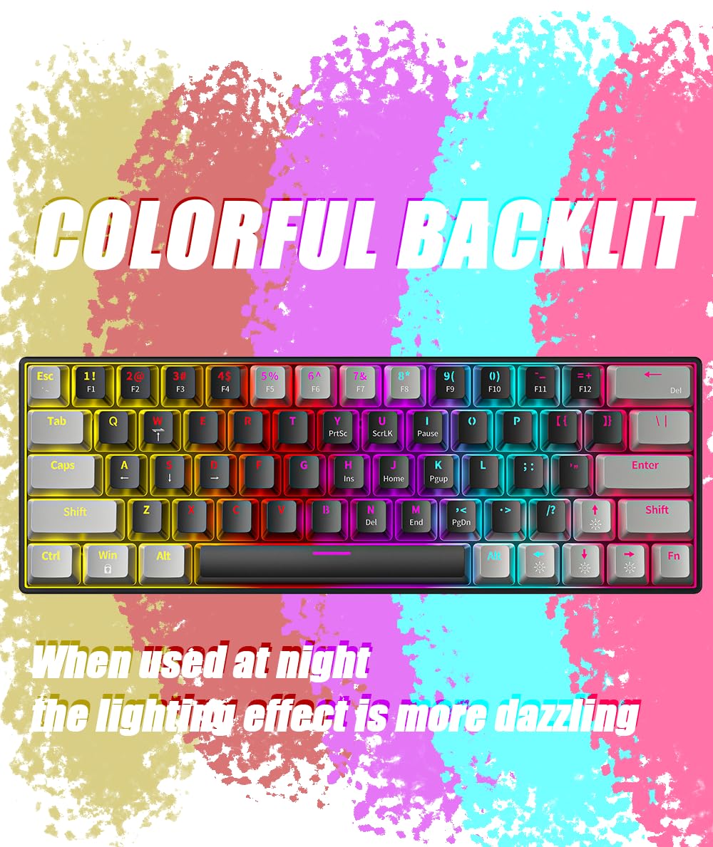 Abucow 60% Wired Mechanical Gaming Keyboard - RGB Backlit, 63 Swappable Keycaps (Black-Gray) for PC, Mac, PS4 - Perfect for Esports, Typing & Office Work