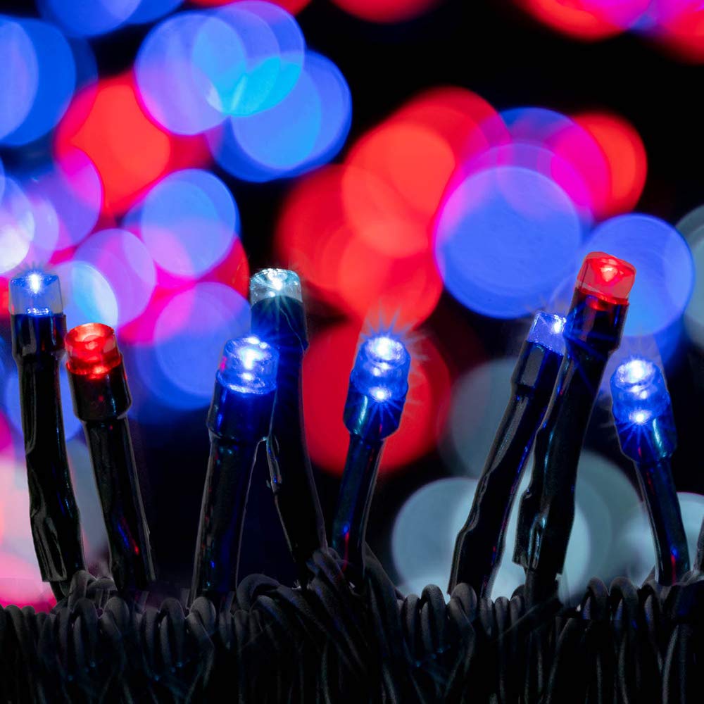 125 LED Solar String Lights - 68ft Waterproof Outdoor & Indoor Lights with 2 Modes & Mounting Options | Perfect for Holiday Decor, Party, Garden, Patio, Wedding (Red, White & Blue)