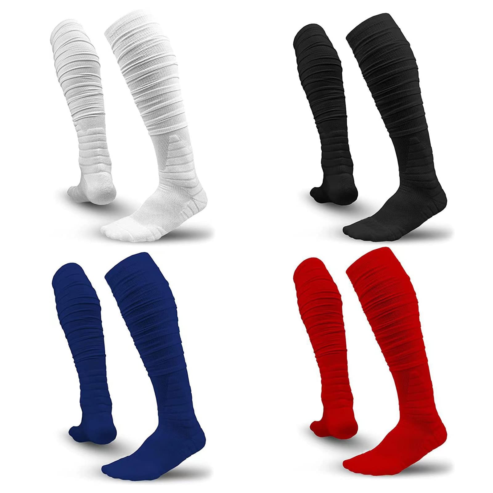 Hovershoes Scrunch Football Socks - Extra Long 2 Pack Cotton Sports Socks with Ankle Support & Padded Knee High Design for Youth & Adults - Compression Leg Sleeves & Protective Tube Socks for Soccer, Running, Basketball & Workout