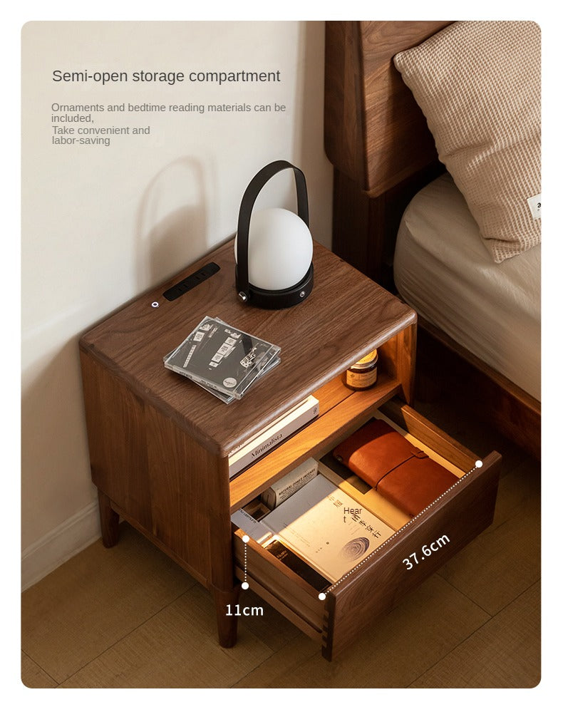 Premium Black Walnut & Ash Solid Wood Nightstand with Built-in Light - Modern Bedside Table for Bedroom Decor & Small Space Storage