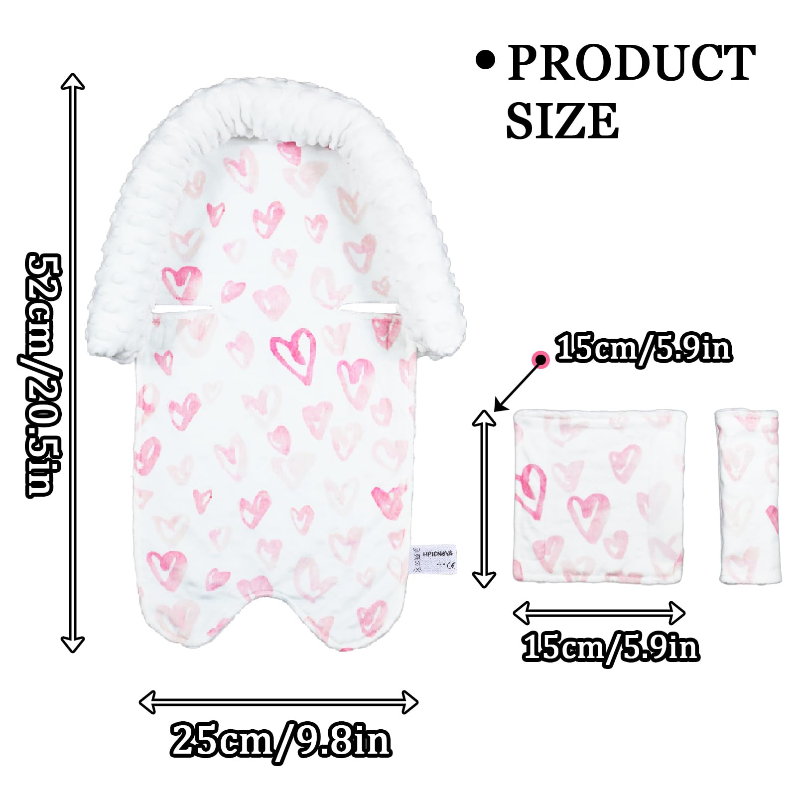 Baby Car Seat Head Support Cushion & Strap Cover - Soft Minky Infant Headrest for Newborns | Car Seat, Stroller & Bouncer Accessories | Pink Love Design for Girls | Perfect for Travel, Shopping & Daily Outings