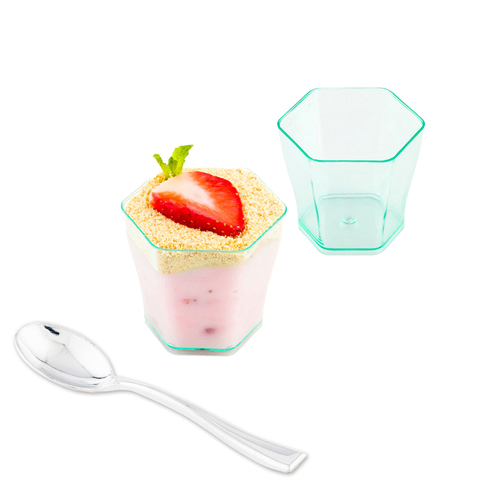 100 Pack 2 oz Hexagon Seagreen Plastic Cups with 100 Silver Mini Plastic Spoons - Perfect for Parties, Weddings, Baby Showers & Cocktail Events