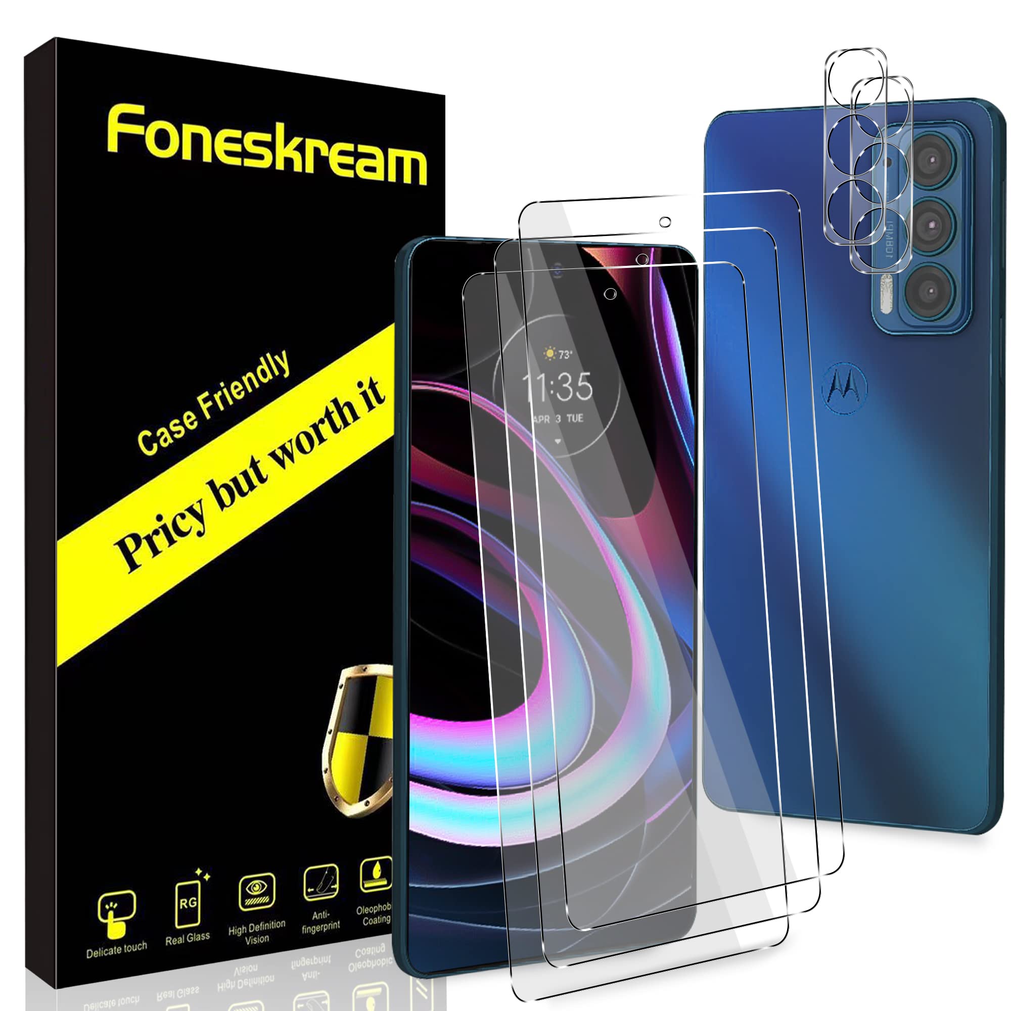 [3+2 Pack] Foneskream Tempered Glass Screen Protector for Motorola Edge 2021 (6.8 inch) + Camera Lens Protector - Not Compatible with Motorola Edge 20 (6.7 inch) - Shatterproof, HD Clear, Bubble-Free Installation for Daily Protection