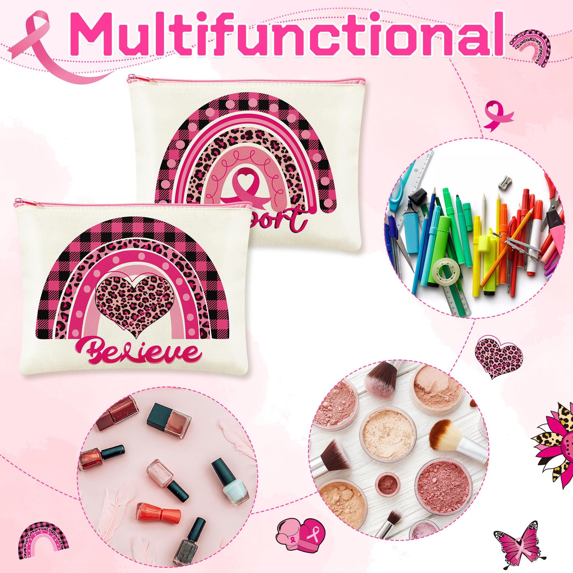 12PCS Breast Cancer Awareness Gift Set - 6 Boho Rainbow Makeup Bags & 6 Pink Ribbon Keychains - Inspirational Survivor Gifts for Women - Perfect for Fundraisers, Support Groups & Awareness Events