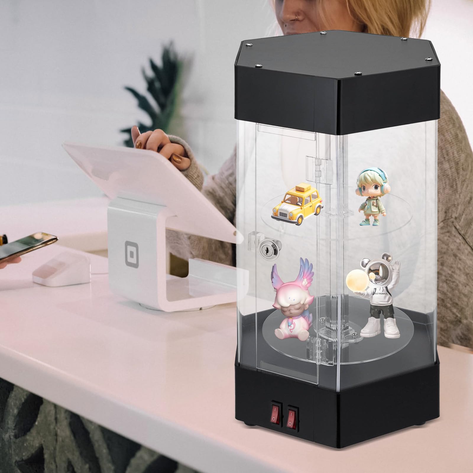360° Rotating LED Acrylic Display Case with Lock & Keys - 2-Tier Electric Jewelry Showcase for Watches, Sunglasses & Cosmetics | Perfect for Retail Stores, Boutiques and Trade Show Displays
