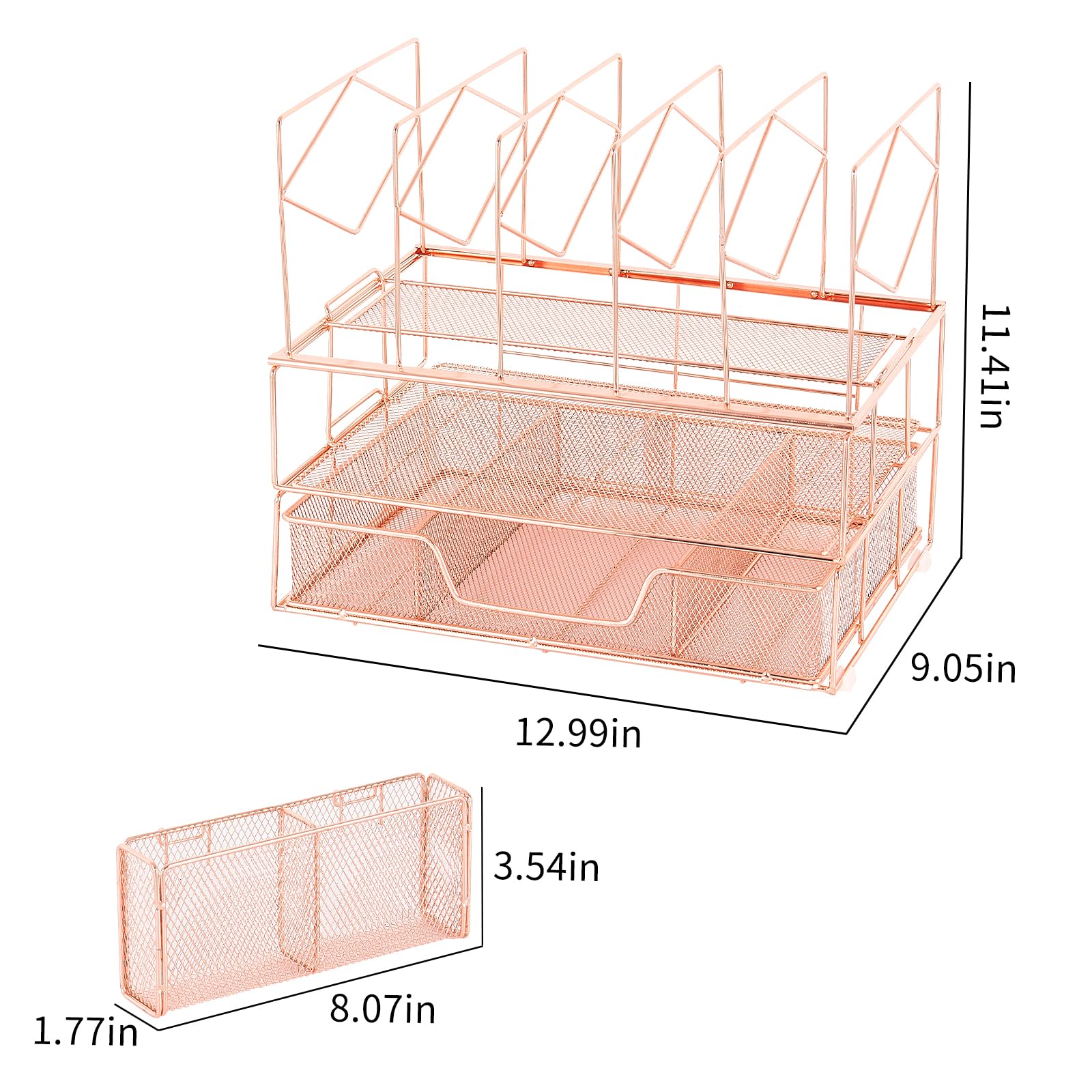 Youbetia Rose Gold Desk Organizer with Drawer - Office Supplies for File Organization, Double Tray & 5 Upright Sections - Perfect for Home Office, Workspace & School Organization Accessories