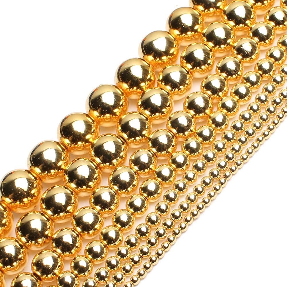2 Strings 8mm Gold Hematite Beads for Jewelry Making - Smooth Round Loose Non-Magnetic Metallic Beads (90-100pcs) - Perfect for Bracelets, Necklaces & DIY Craft Projects