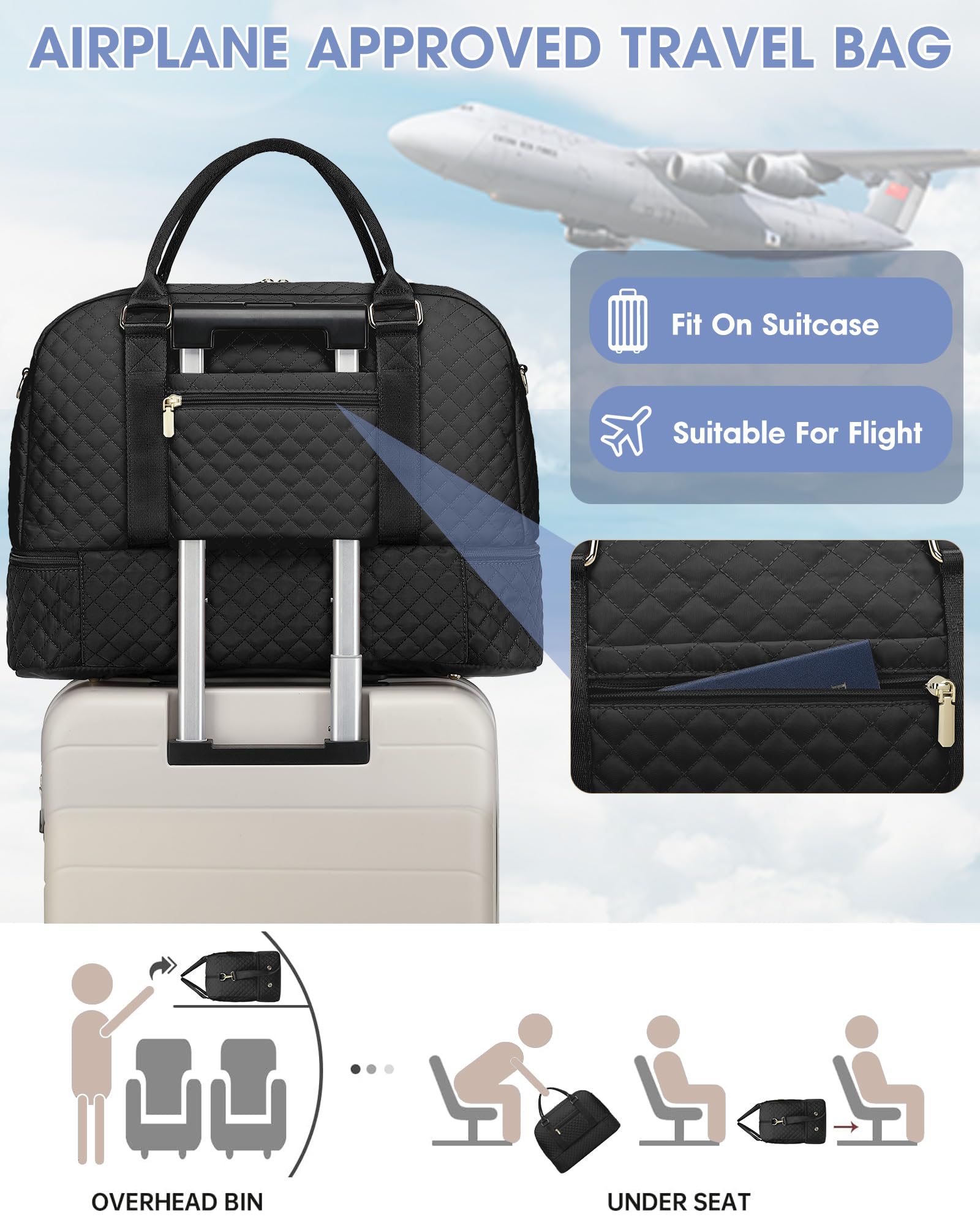 Women's Travel Weekender Bag with Shoe Compartment & Wet Pocket - Gym Yoga Duffel Carry On Overnight Bag for Hospital Labor Delivery - Perfect for Travel, Workout, Maternity & Weekend Getaways (Black)