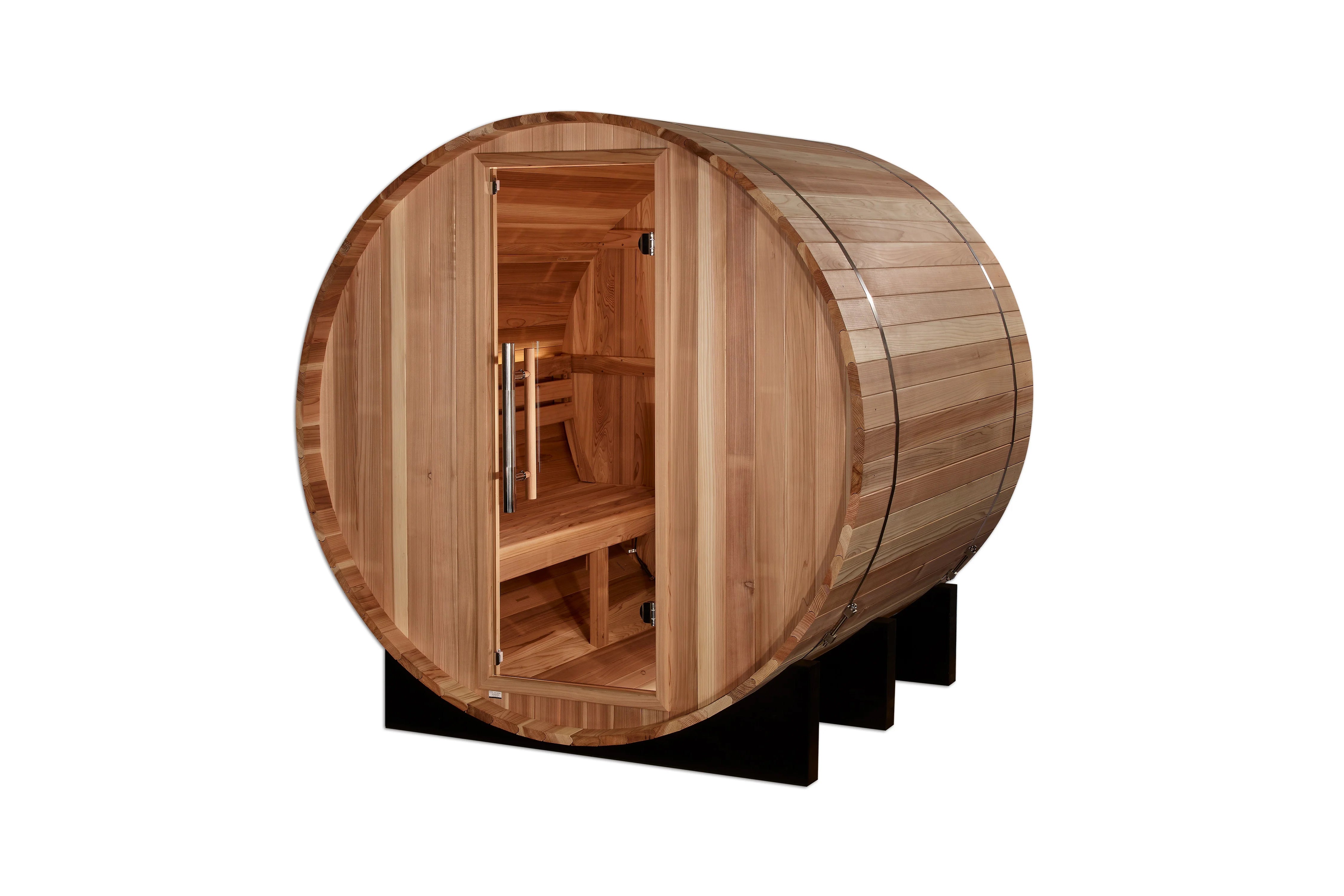 Golden Designs St. Moritz 2-Person Traditional Barrel Sauna - Outdoor Wooden Home Spa for Relaxation & Detox - Perfect for Backyards, Patios & Wellness Retreats