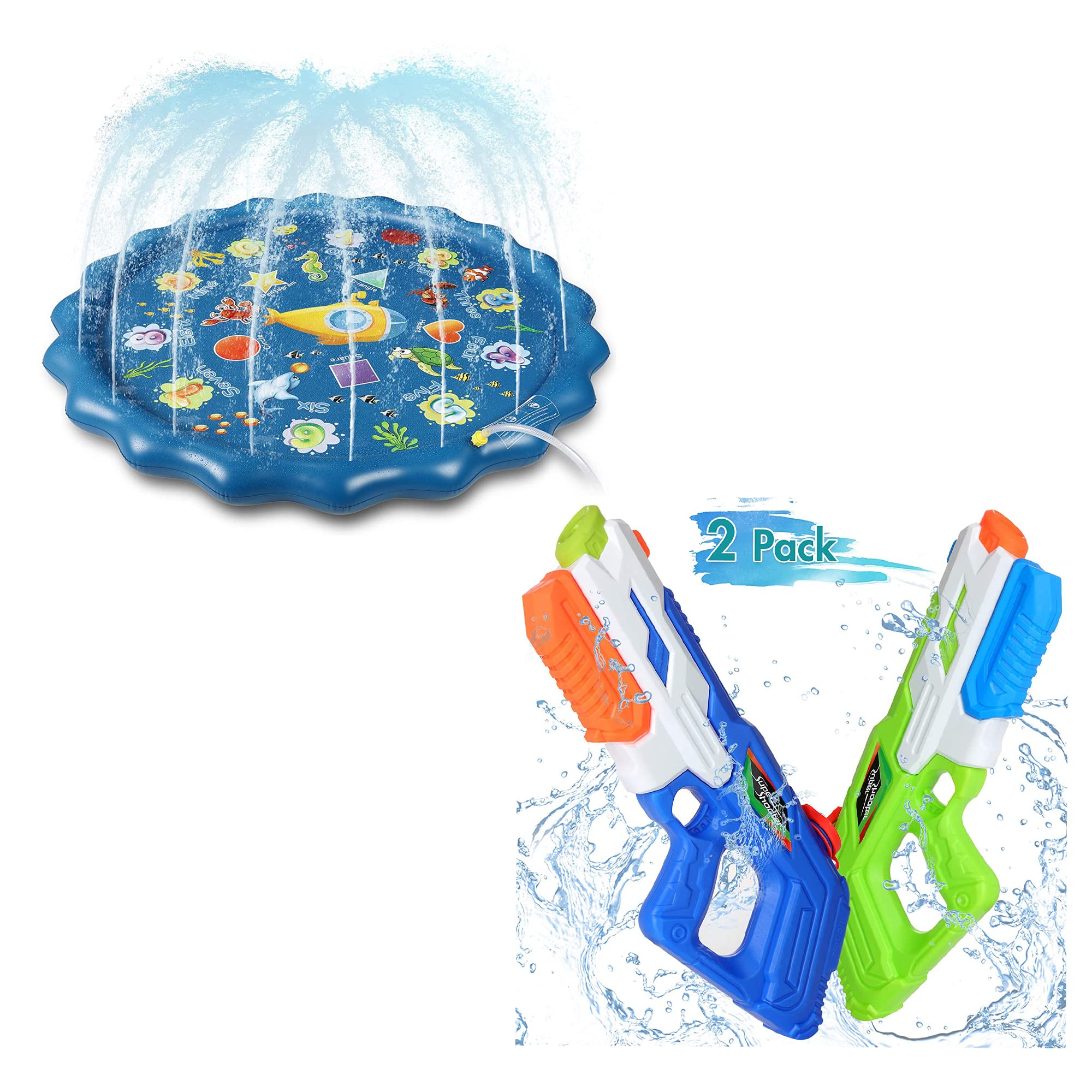 Winique Splash Pad for Kids - Outdoor Sprinkler Play Mat with 2 Pack Super Soaker Water Guns - Fun Summer Water Toys for Kids & Adults - Perfect for Backyard, Pool Parties & Beach Days