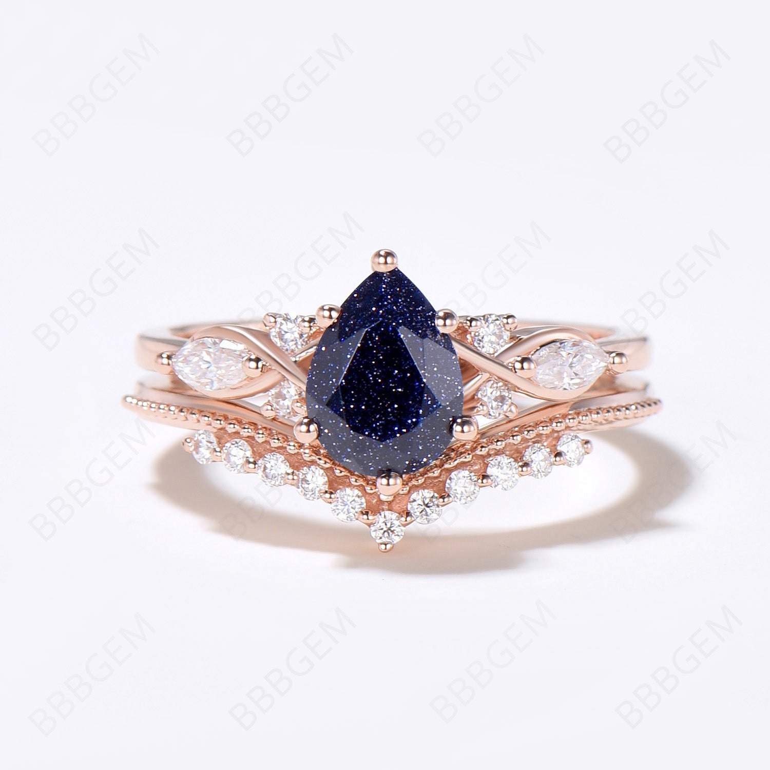 Blue Sandstone Teardrop Ring Set - 7 Stone Cluster Ring with Milgrain Detailing for Women | Perfect for Weddings, Parties & Everyday Elegance