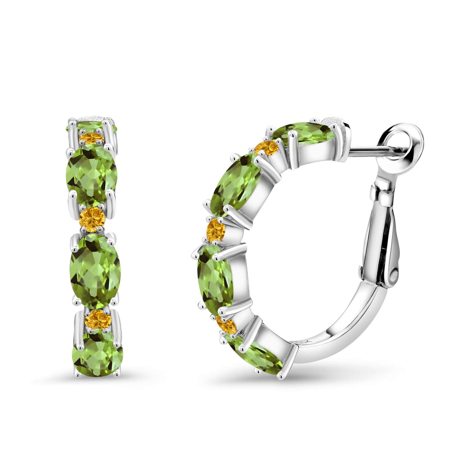Gem Stone King 925 Sterling Silver Green Peridot & Yellow Sapphire Hoop Earrings for Women | 4.30 Cttw Oval Birthstone Jewelry (6x4mm) | Perfect for Birthdays, Anniversaries & Everyday Wear