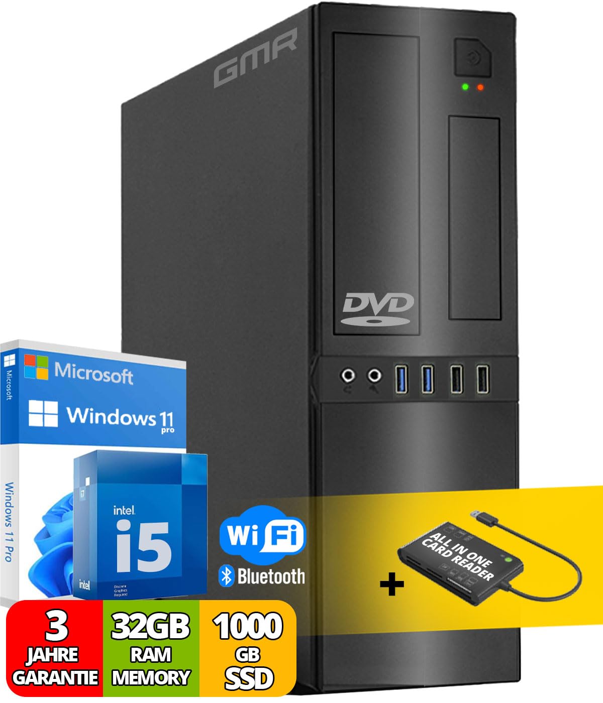 High-Performance Desktop Computer with Intel i5 3.2GHz Quad-Core Processor, 32GB DDR3 RAM, 1TB SSD Storage, DVD±RW Drive, 5-in-1 Smart Card Reader, USB 3.0, WiFi 600 & Bluetooth 5.0 - Windows 11 Pro 64-Bit | Ideal for Office Work, Multimedia Editing & Gaming