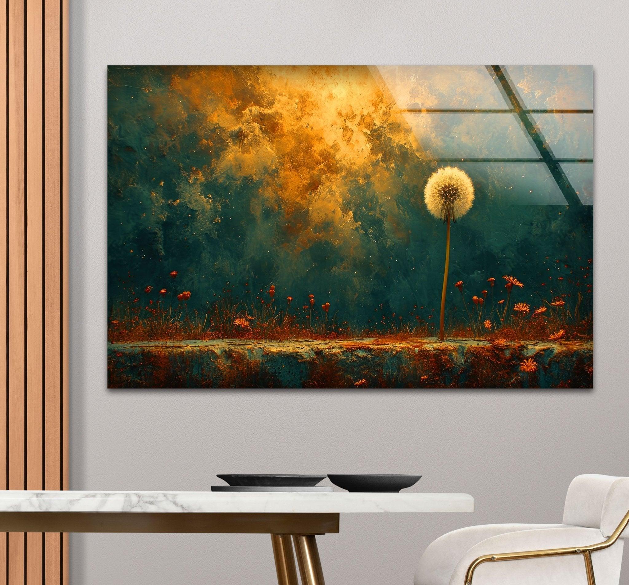 Abstract Dandelion Glass Wall Art - Handmade Modern Home Decor for Living Room, Bedroom & Office - Unique Glass Wall Hanging for Boho, Contemporary Interior Design