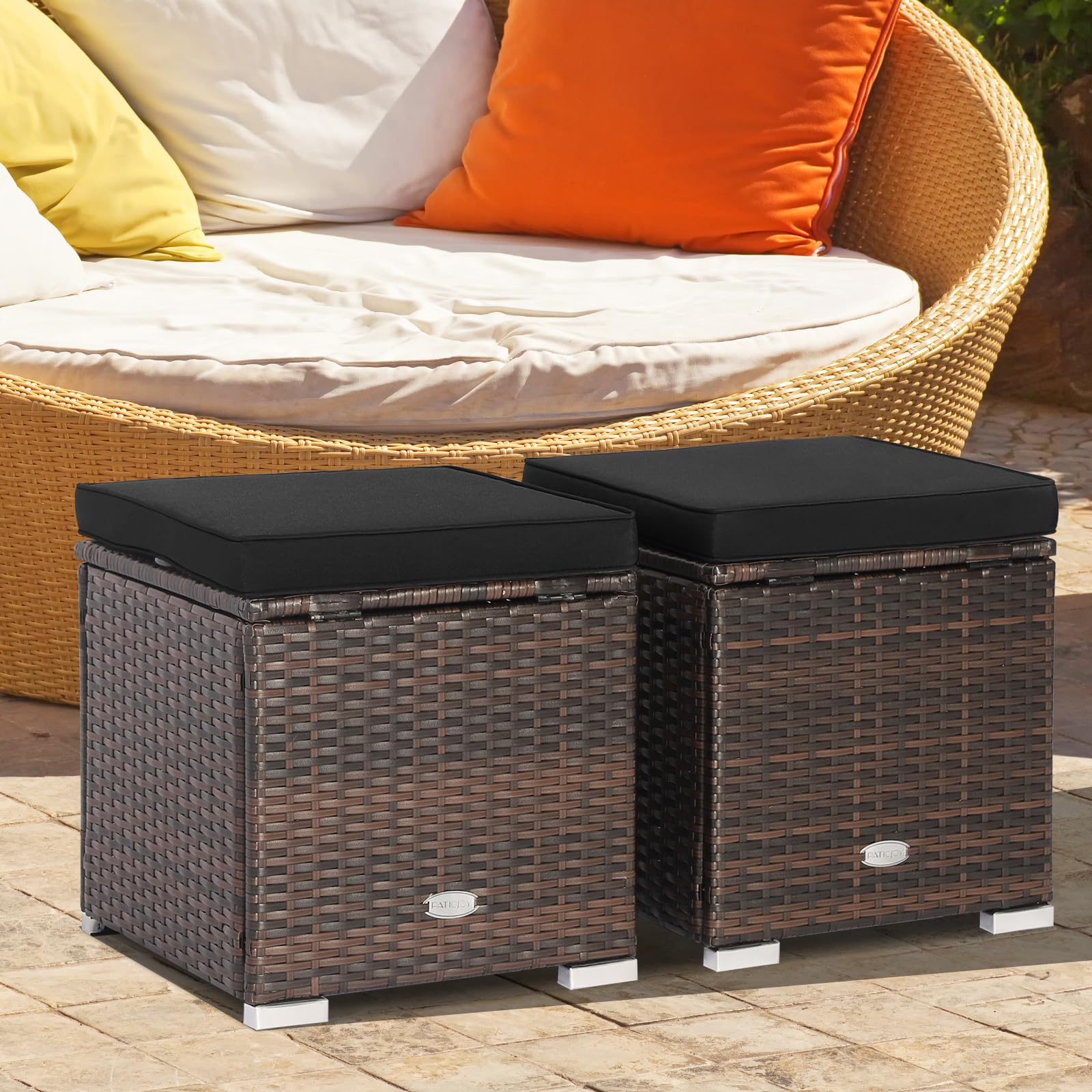Tangkula 2-Piece PE Rattan Patio Ottoman Set with Removable Cushion & Hidden Storage - Multifunctional Side Table/Seat for Outdoor Living, Backyard, Poolside & Garden (Black) - Perfect for Relaxing, Entertaining & Stylish Storage Solutions