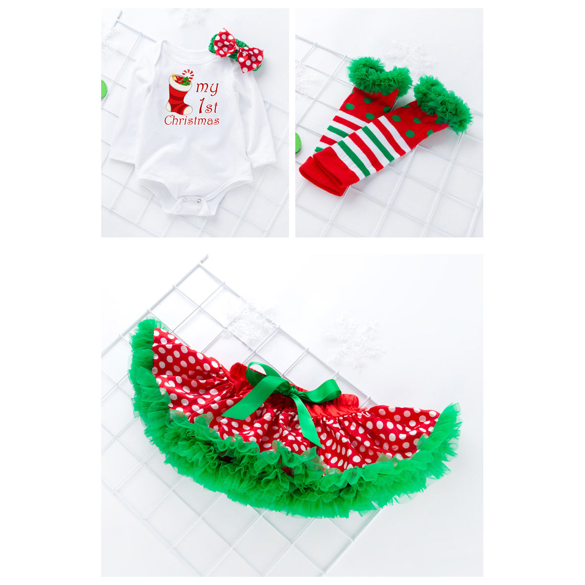 My First Christmas Outfit for Baby Girls - 4 Piece Set with White Long Sleeve Bodysuit, Voile Skirt, Socks & Headwrap | Holiday Photoshoot, Family Gatherings & Special Occasions