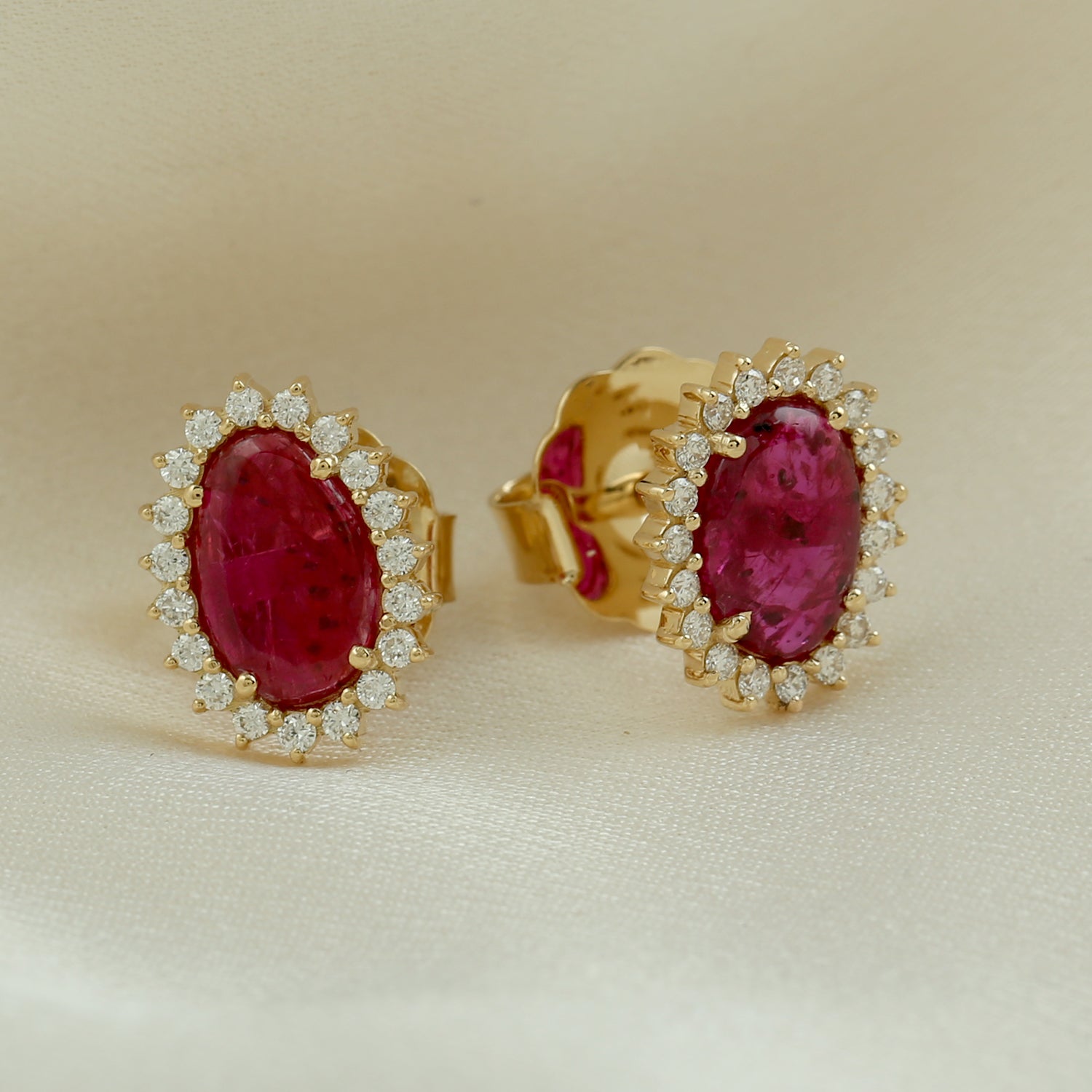18K Rose Gold Oval Cut Ruby Prong Natural Diamond Halo Stud Earrings for Women - Elegant Jewelry Gift for Wedding, Anniversary & Special Occasions