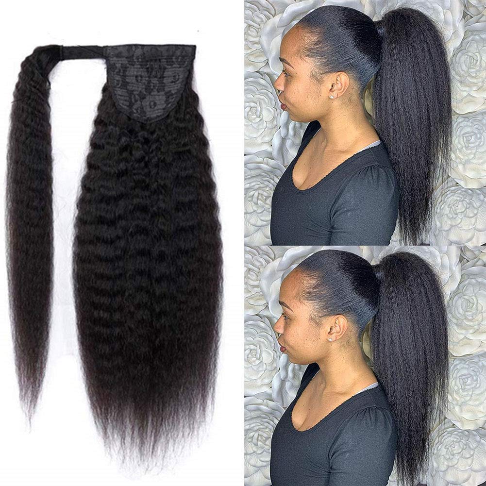 12 Inch Afro Kinky Straight Human Hair Ponytail Extension - Coarse Curly Clip-in Wrap Around Hairpiece for Women (Natural Black) | Perfect for Protective Styles, Everyday Wear & Special Occasions