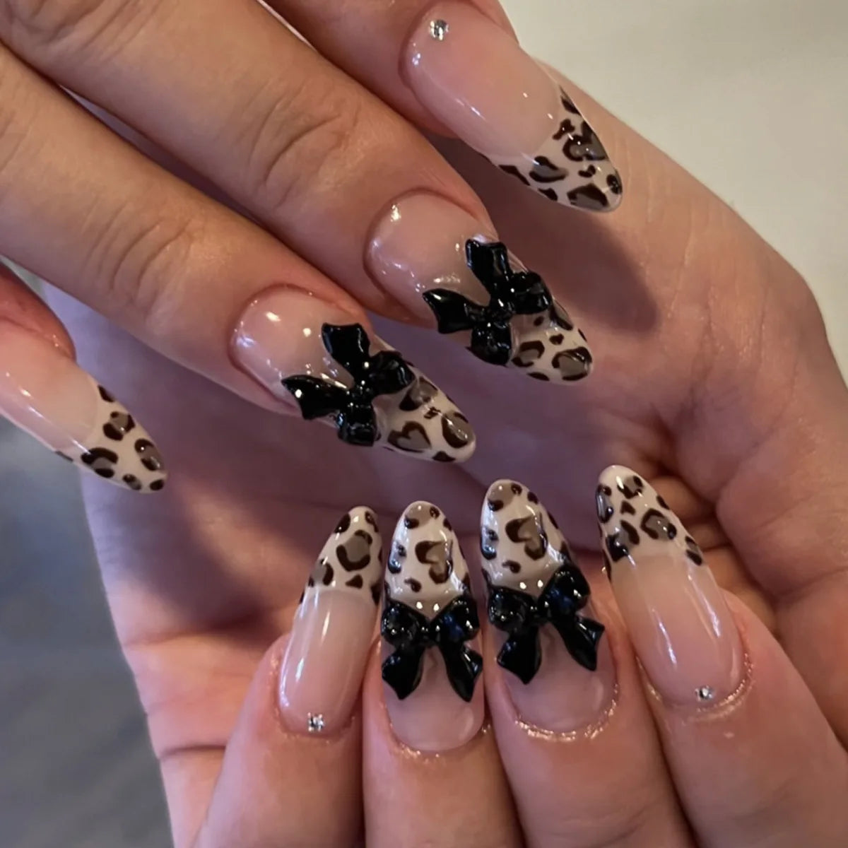 24Pcs French Leopard Print Fake Nails with 3D Flower Design - Almond Stiletto Press on Nails, Detachable Acrylic Full Cover Nail Tips for Women | Perfect for Parties, Weddings & Special Occasions