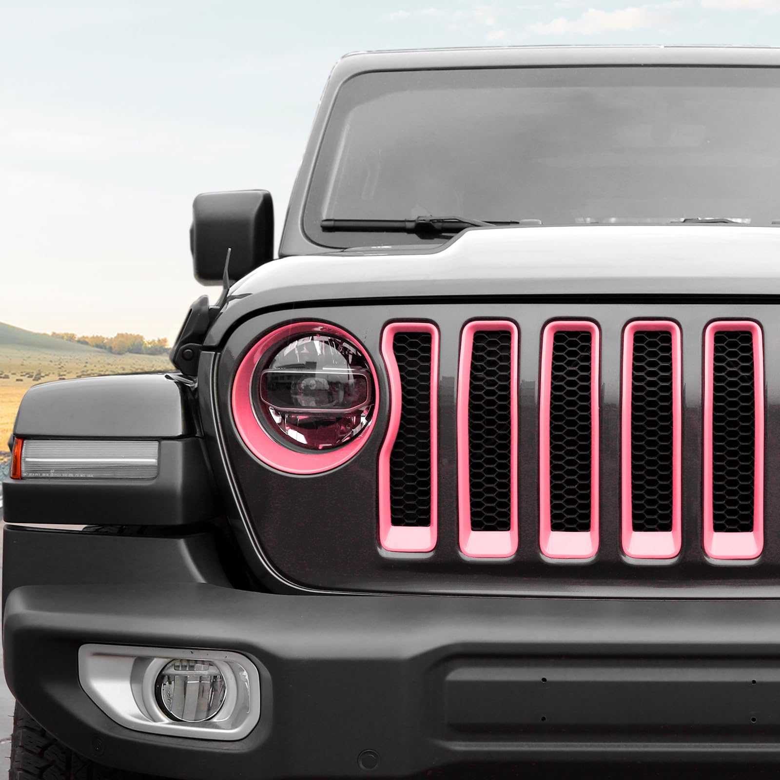 RT-TCZ Pink Mesh Front Grille Insert & Headlight Cover Trim Kit for Jeep Wrangler JL/JLU (2018-2022) - 9-Piece Exterior Accessories Set for Off-Road Protection & Style Enhancement
