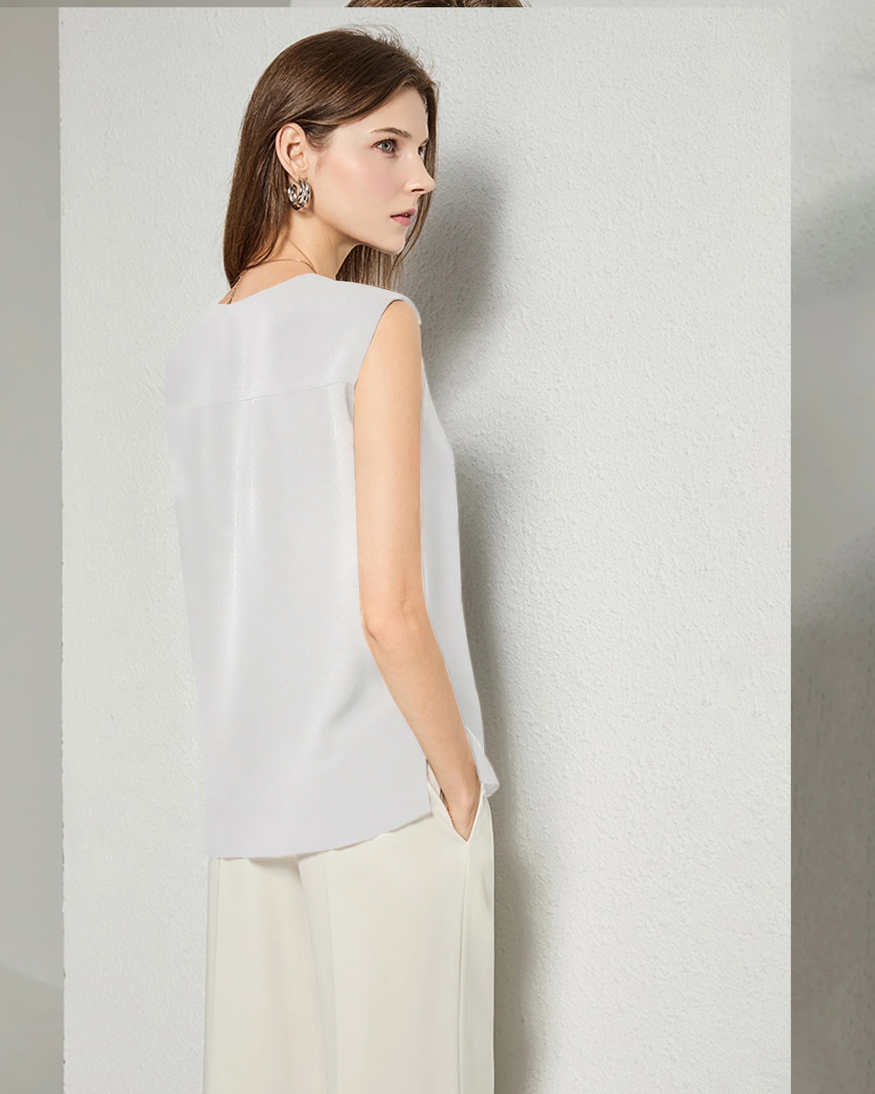 Split V-Neck Sleeveless Silk Blouse for Women - Elegant Summer Casual & Evening Wear - Perfect for Office, Date Night & Special Occasions